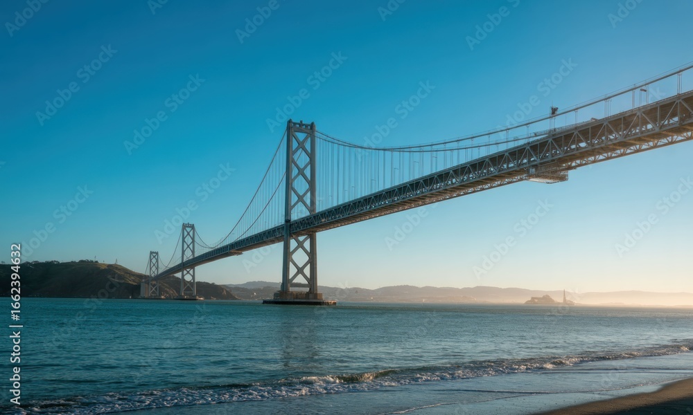 Fototapeta premium Wide shot of a modern suspension bridge spanning a tranquil bay