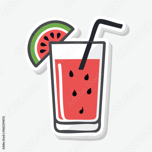 A refreshing illustration of a watermelon juice drink in a glass with a straw and a slice of watermelon.