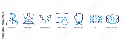 Futuristic Lifestyle Outline dual tone Icons Web Banner– Humanoid, Hologram, Smart Drone, Touch Screen, Smartwatch, AI, Virtual Reality