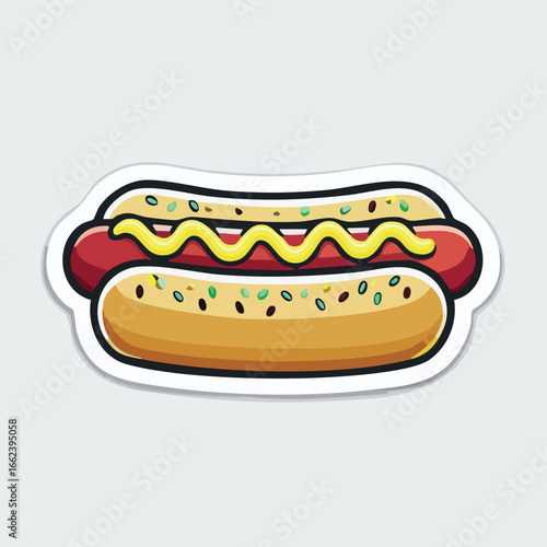 A detailed illustration of a delicious hotdog with mustard and a toasted bun, ready to eat.
