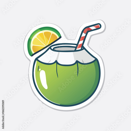 Cartoon illustration of a refreshing coconut drink with a straw and lime slice.