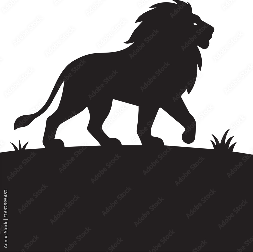 Obraz premium Lion silhouette walking across a desert plain, distant dunes and soft gradient sky, clean vector lines