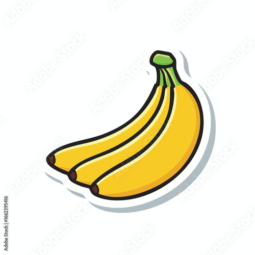 Three ripe bananas in a curved bunch, with yellow skin and a green stem.