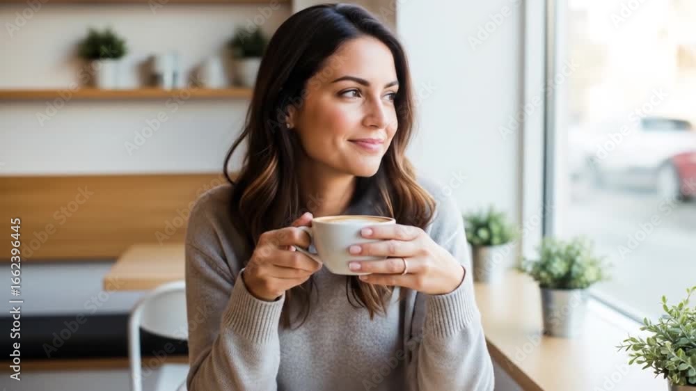 Woman Enjoying Coffee at Cafe: Relaxing Moment by the Window with Latte Art Woman Enjoying Coffee at Cafe: Relaxing Moment by the Window with Latte Art