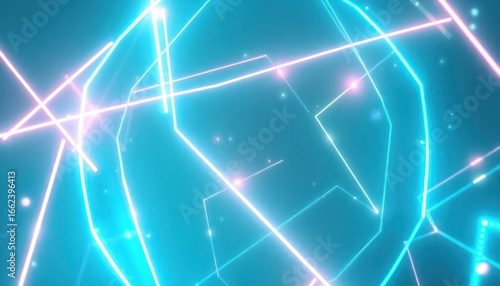 Dynamic abstract background with glowing neon lines forming geometric patterns in vibrant blue, teal, and pink, ideal for technology, data, or futuristic designs.