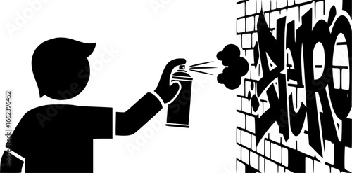 Silhouette Illustration of a Person Spray Painting Graffiti on a Brick Wall