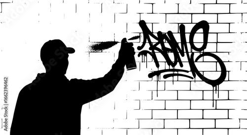 Silhouette Illustration of a Person Spray Painting Graffiti on a Brick Wall