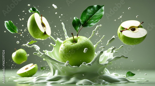 Slices of green apple falling into splashes of green apple milk beautifully for background