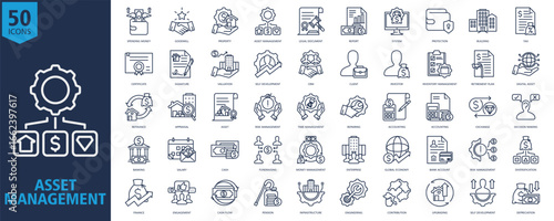 Asset Management Icon Set Outline with spending money, goodwill, property, asset management, legal document, report, system, protection, building, tax