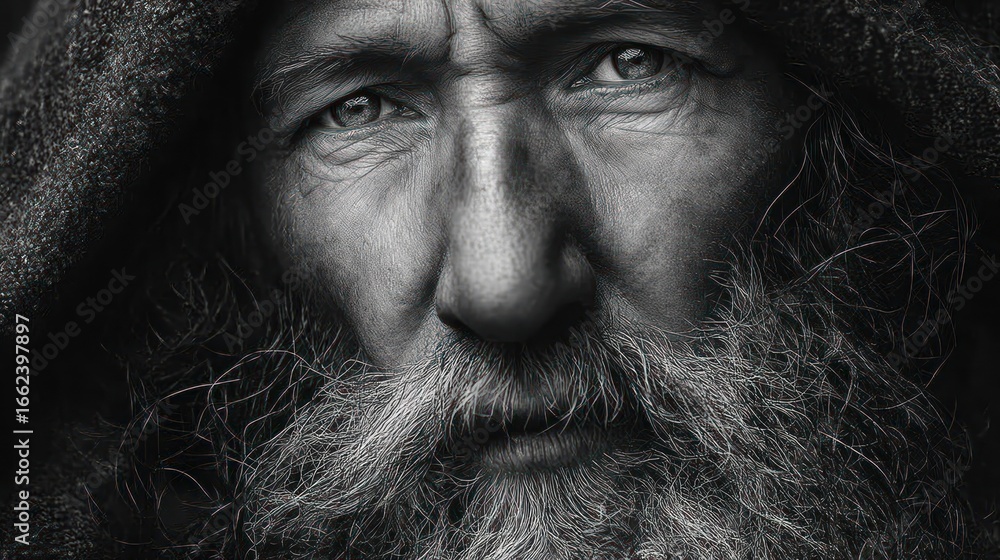 Fototapeta premium Close-up of an old, hooded man with a long beard, black and white