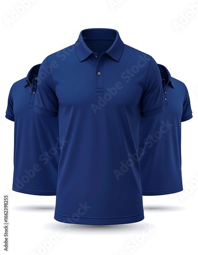 Three navy polo shirts on white background