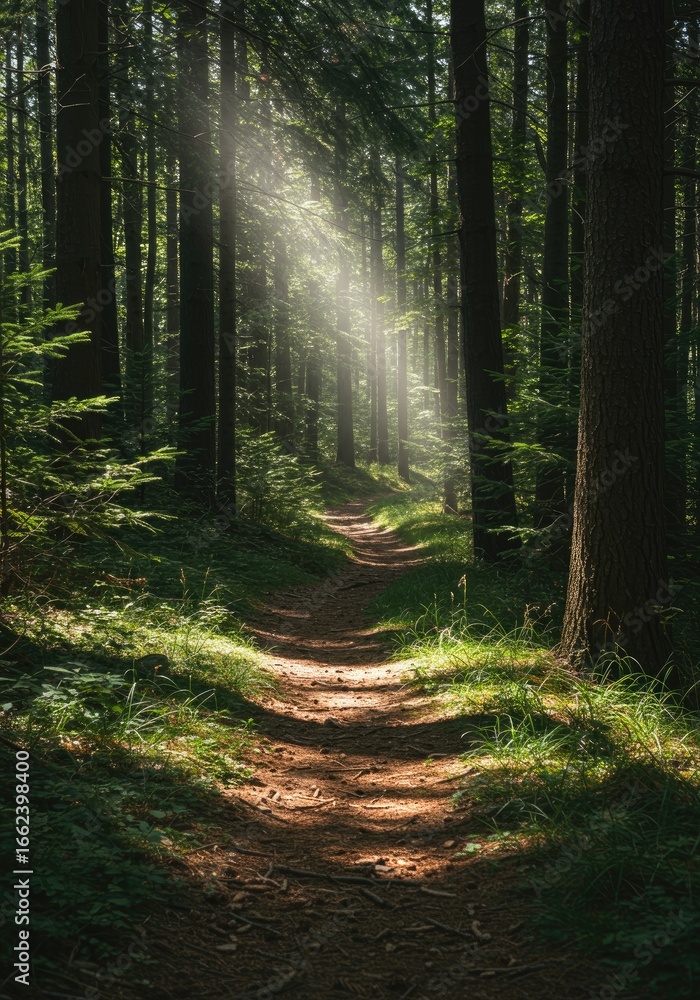 Obraz premium Sunlight streams through a dense forest path