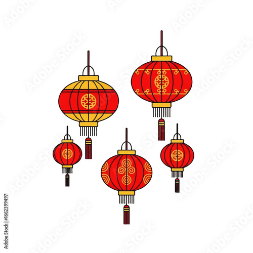 A collection of five ornate red and yellow Chinese lanterns with traditional patterns and hanging tassels.