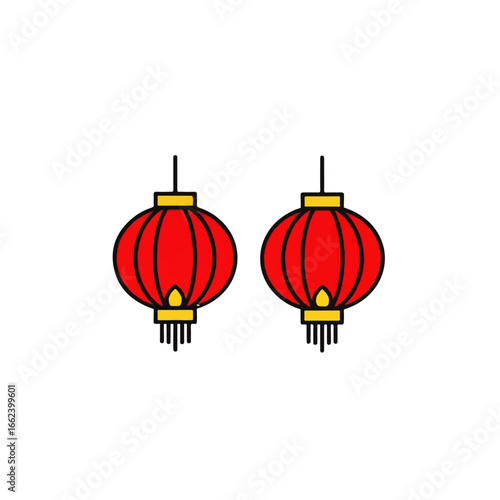 A pair of traditional red Chinese lanterns illustrated with bold black outlines and yellow details.