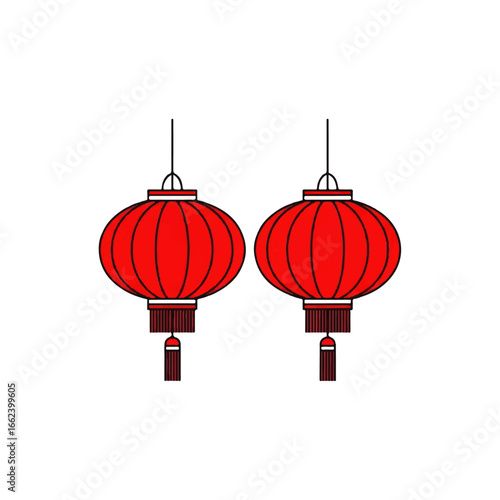 A pair of traditional red Chinese paper lanterns with decorative tassels vector art illustration.