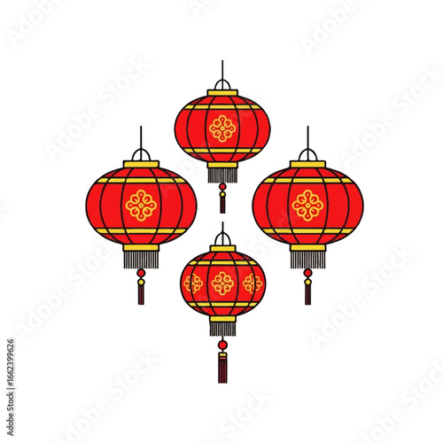A set of four red and gold Chinese lanterns with ornate floral patterns and tassels.