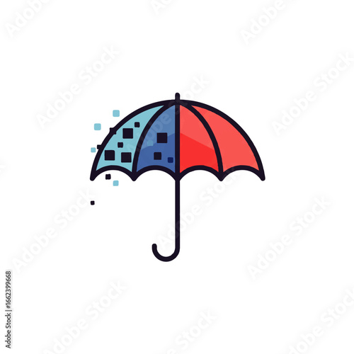 A stylized red and blue open umbrella icon with a digital pixelation or glitch effect on one side.