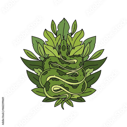 A stylized green snake with a camouflage pattern coiled gracefully amidst a lush arrangement of tropical leaves.