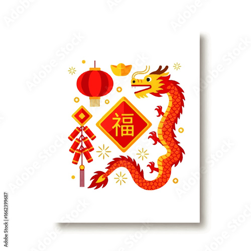 A vibrant flat design illustration of Chinese New Year symbols featuring a dragon lantern and firecrackers.