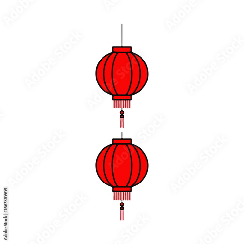 A vertical string of two traditional red Chinese lanterns illustrated with bold black outlines and tassels.