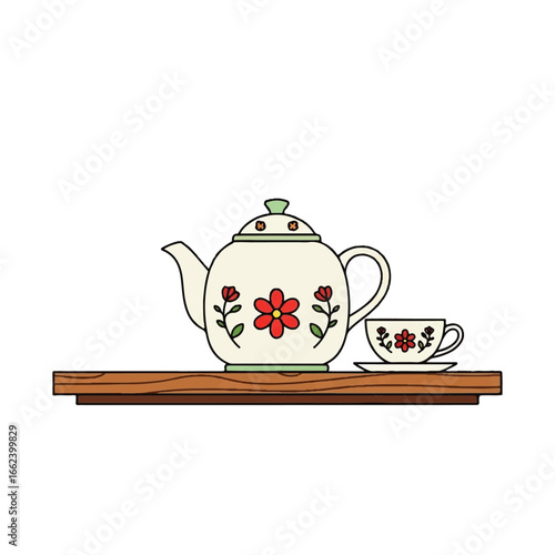 Charming handdrawn ceramic tea set with red floral patterns on a rustic wooden shelf.