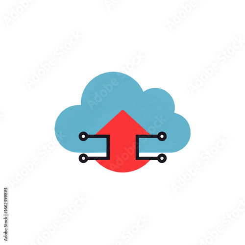 Cloud computing upload icon with a red arrow and black digital circuit connections.