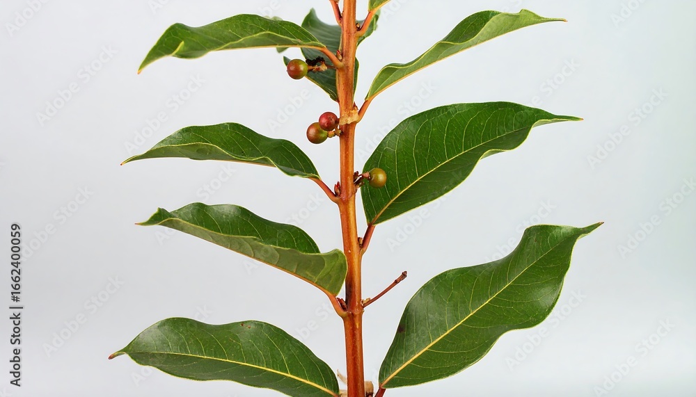 Fototapeta premium Close-up of a bay leaf plant stem with leaves and berries.