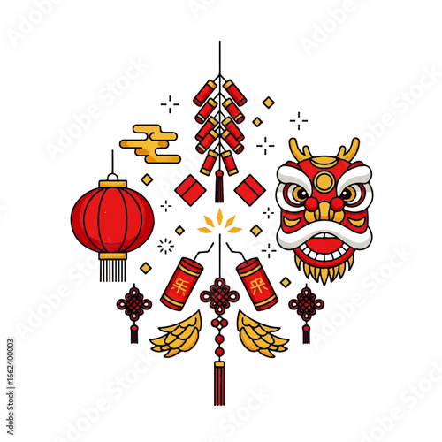 Colorful line art illustration of Chinese New Year symbols including a lion head red lantern firecrackers and lucky knots.