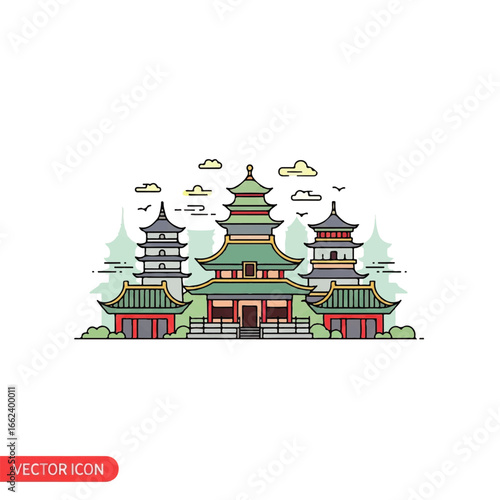 Colorful line art illustration of a traditional Asian temple complex with pagoda towers and curved roofs.
