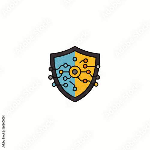 Cybersecurity shield icon with a blue and yellow digital circuit network symbolizing data protection.