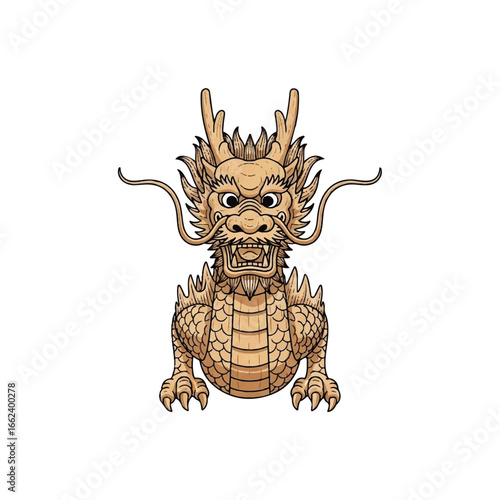 Fierce beige Chinese dragon with an open mouth and sharp claws in a symmetrical frontal pose.