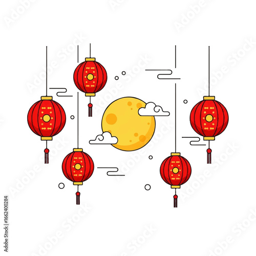 Festive Red Chinese Lanterns with Gold Details and Tassels Hanging Around a Yellow Moon.