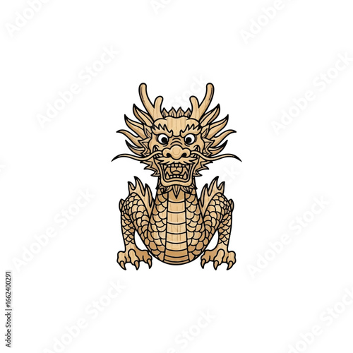 Fierce Chinese dragon illustration with a light wooden texture seated in a symmetrical frontal pose.