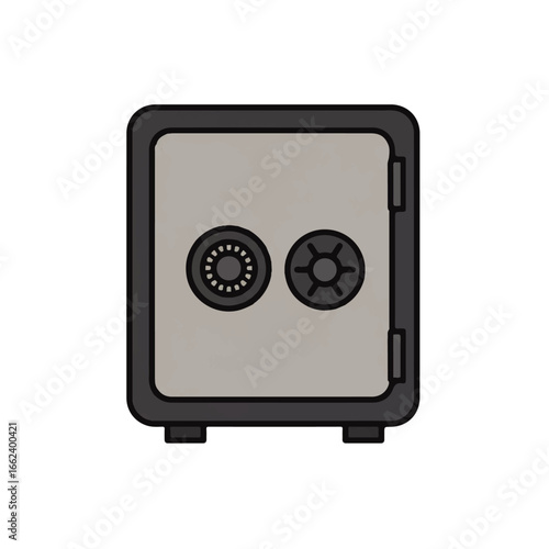 Grey metal security safe with a combination dial and handle cartoon style illustration.
