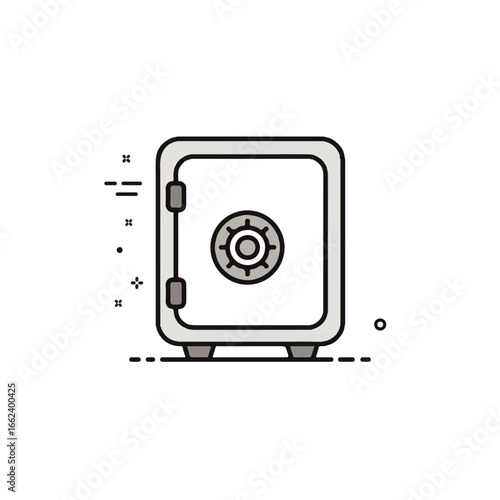 Grey metal bank safe with a round combination lock illustrated in a simple line art style.