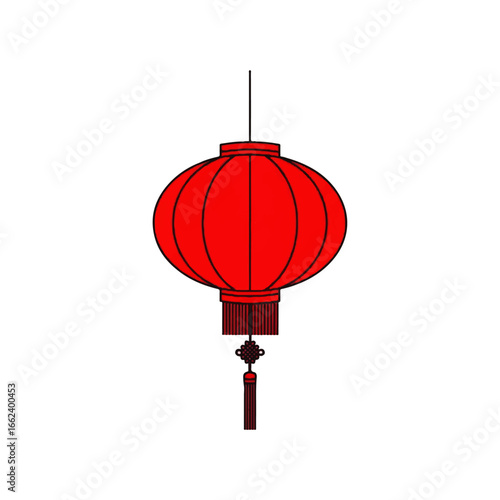 Hanging red Chinese paper lantern with a decorative tassel illustrated with bold black outlines.