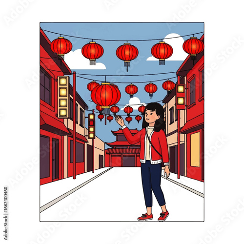 Happy young woman with black hair in a red jacket and jeans smiling and reaching out with one hand.