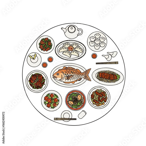 Illustrated Asian banquet table with whole fish dumplings noodles and various dishes.