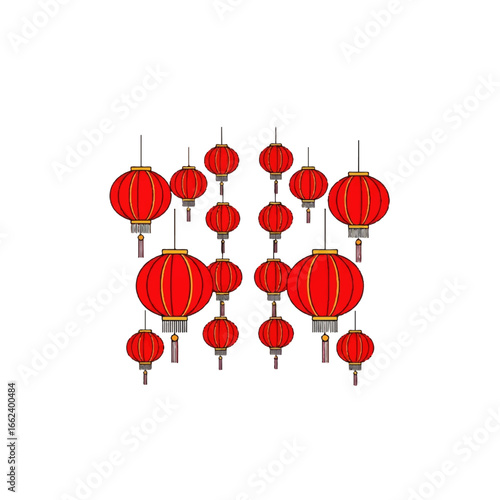 Illustrated collection of traditional red Chinese lanterns with gold trim and tassels.