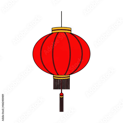Illustrated red Chinese paper lantern with gold trim and a dark tassel.