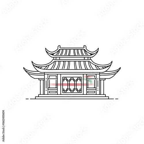 Minimalist line art illustration of a traditional Asian temple with a tiered curved roof.