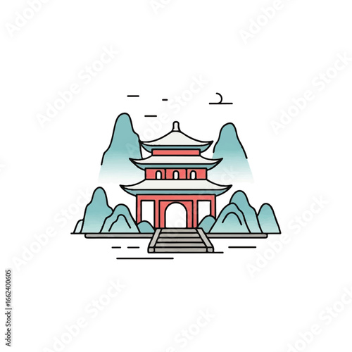 Minimalist line art illustration of a traditional red and white Asian pagoda with a twotiered curved roof.