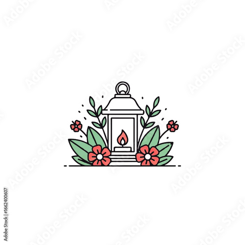 Minimalist line art illustration of a vintage lantern with a lit candle surrounded by pink flowers and green leaves.