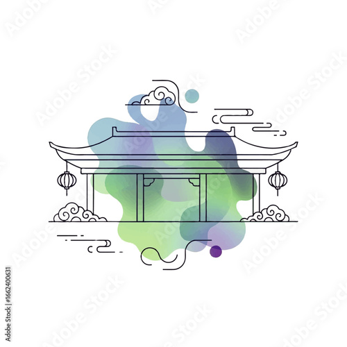 Minimalist line art of a traditional Asian temple with a soft blue and green watercolor wash.