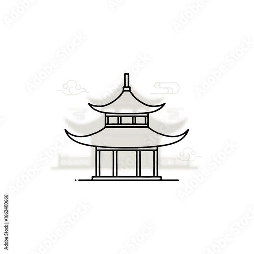 Minimalist twotiered Asian pagoda tower icon with curved eaves and clean black line art.