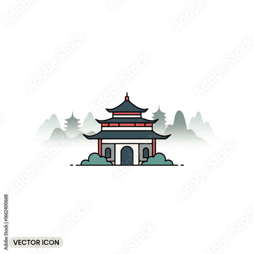 Minimalist vector icon of a traditional Asian pagoda with a tiered roof and curved eaves featuring blue and red colors.