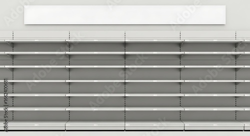 Empty Store Shelves with White Sign Ready for Products