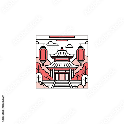 Serene Asian temple line art illustration with red lanterns and pink foliage.