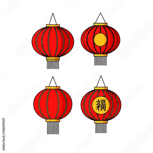 Set of four illustrated red and gold Chinese lanterns with tassels one with a Fu character.