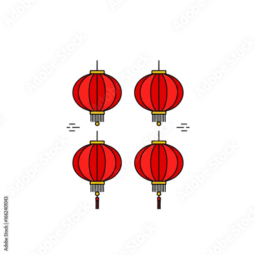 Set of four red and gold Chinese lanterns with tassels illustrated in a flat line art style.